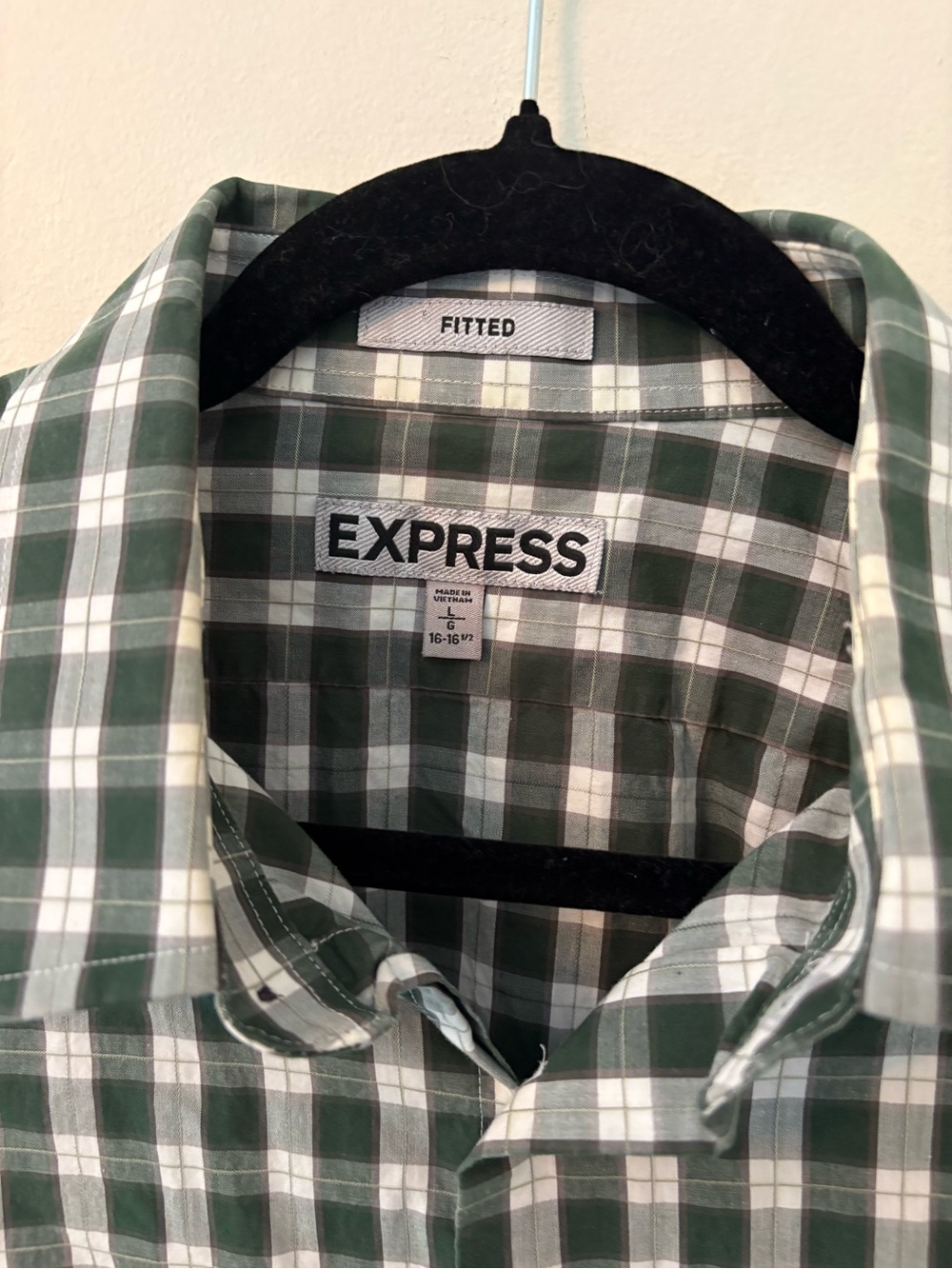 Express Men’s Dress Shirt Plaid Green/gray Long Sleeve Fitted Sz L (16-16 1/2) - Picture 2 of 8